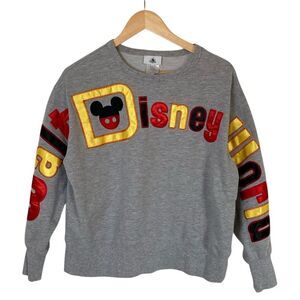 Disney World Womens Spirit Sweatshirt M Grey Spell Out Micky Yellow Red‎
